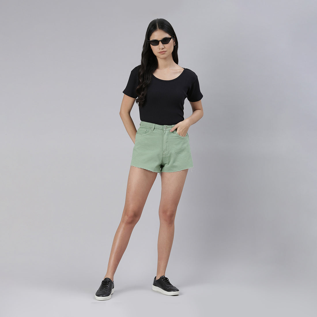 Green Jeans High Waist Raw Hem Shorts