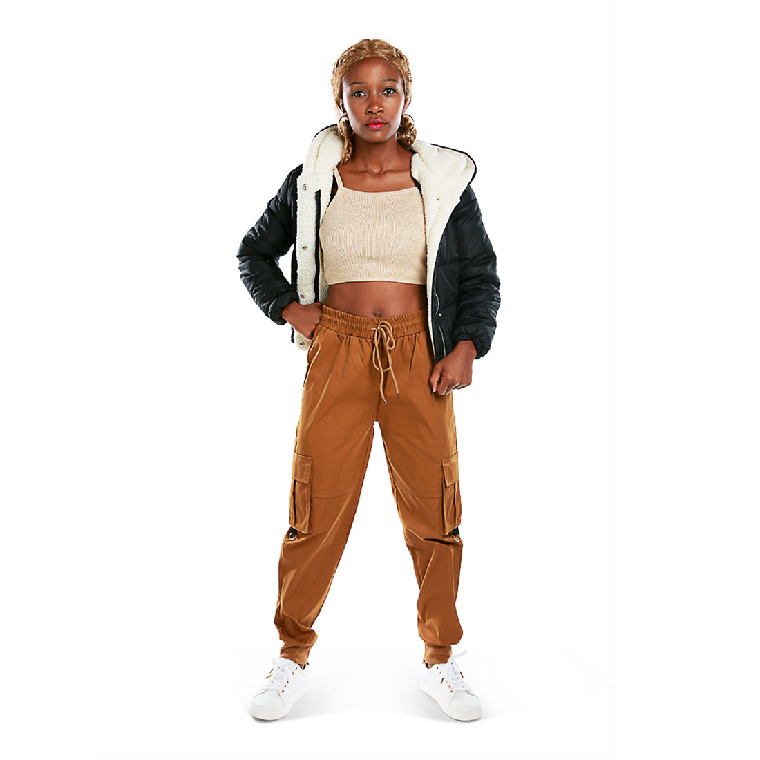 drawstring utility pocket cargo pants#color_brown