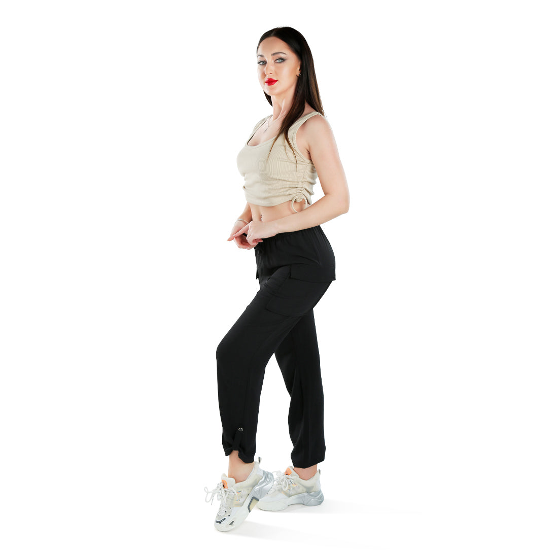 drawstring waistband cargo pants#color_black
