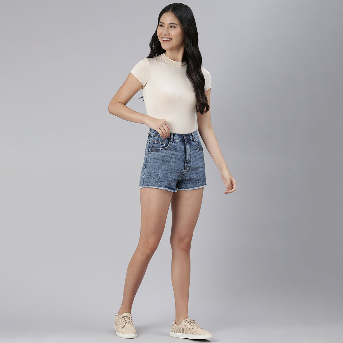 Light Blue High Waist Raw Hem Shorts