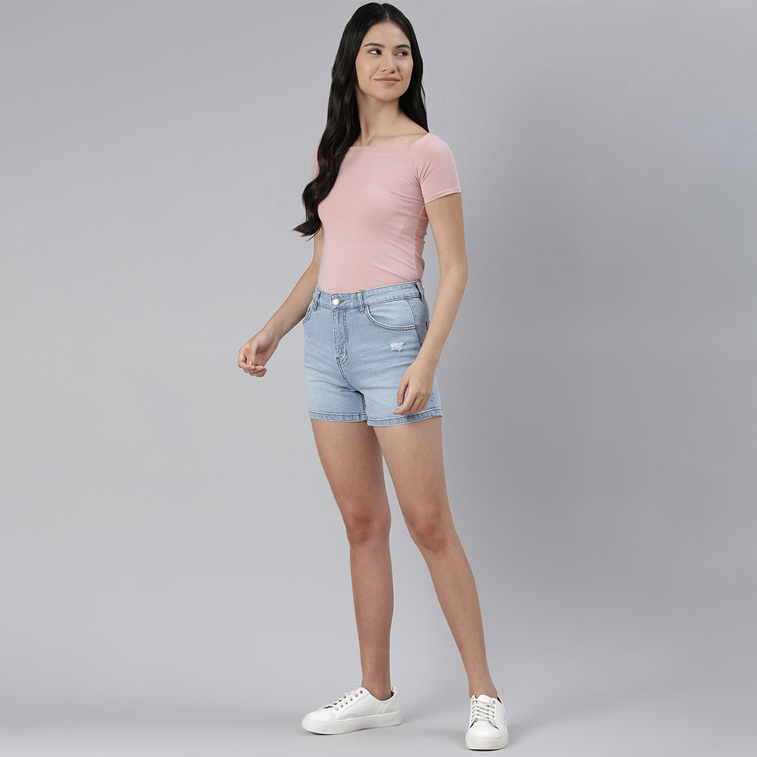 Light Blue High Waist Rolled Hem Shorts