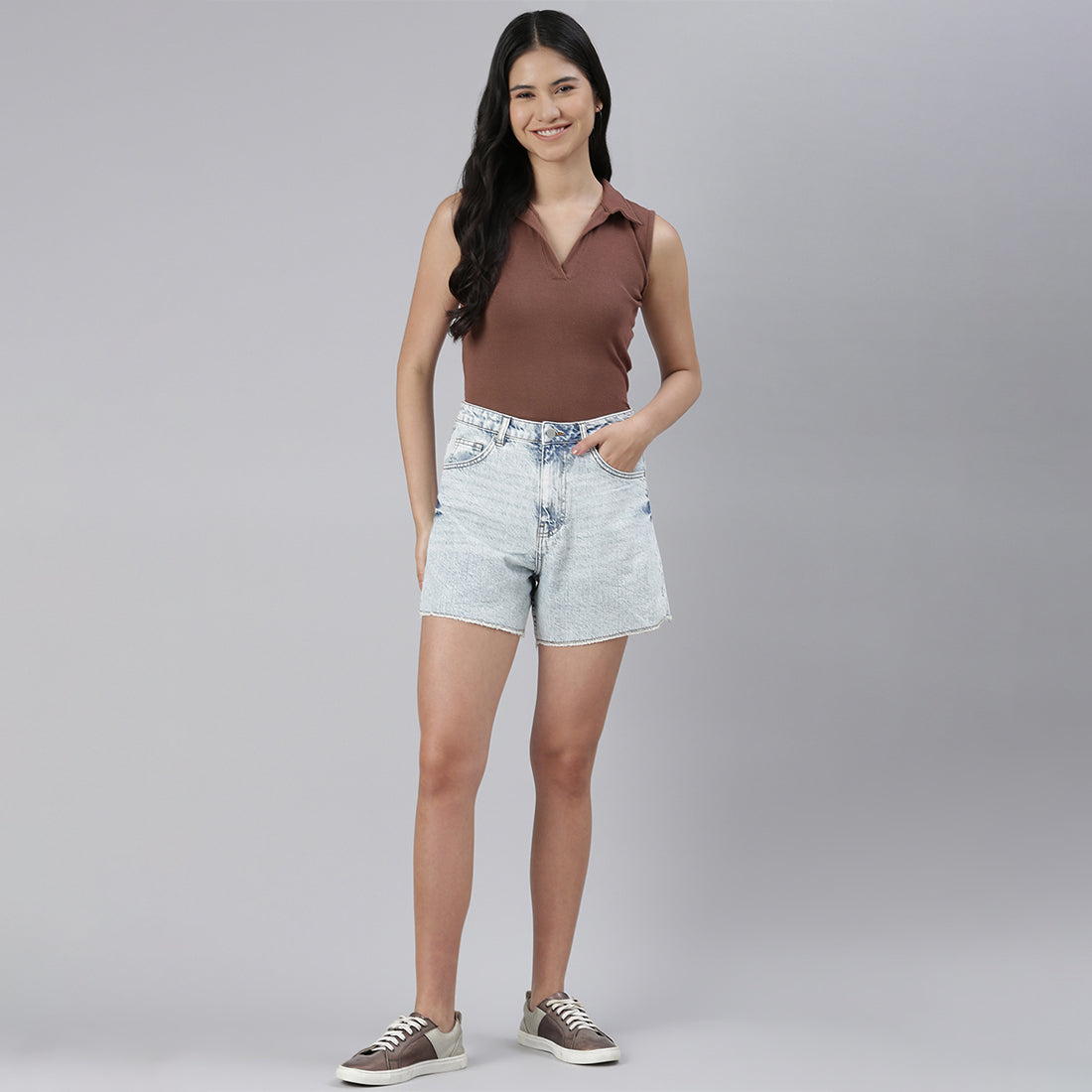 Blue Acid Wash Raw Hem Jeans Shorts