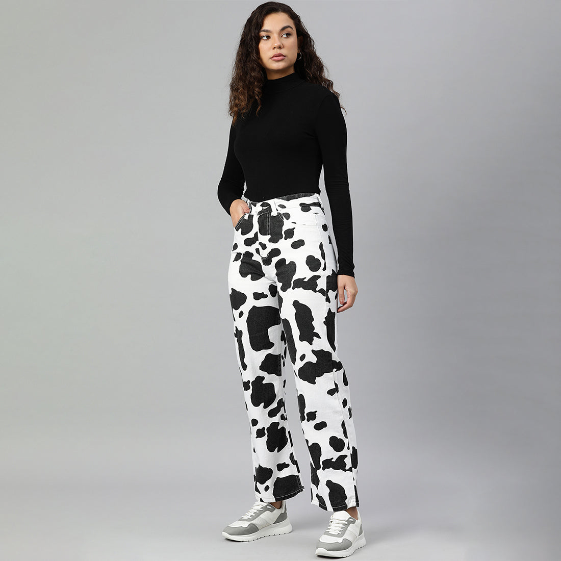 Black Cow Print Wide Pants
