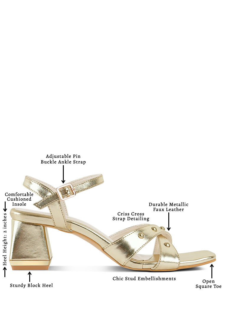 Women Metallic Stud Accent Block Heel Sandals