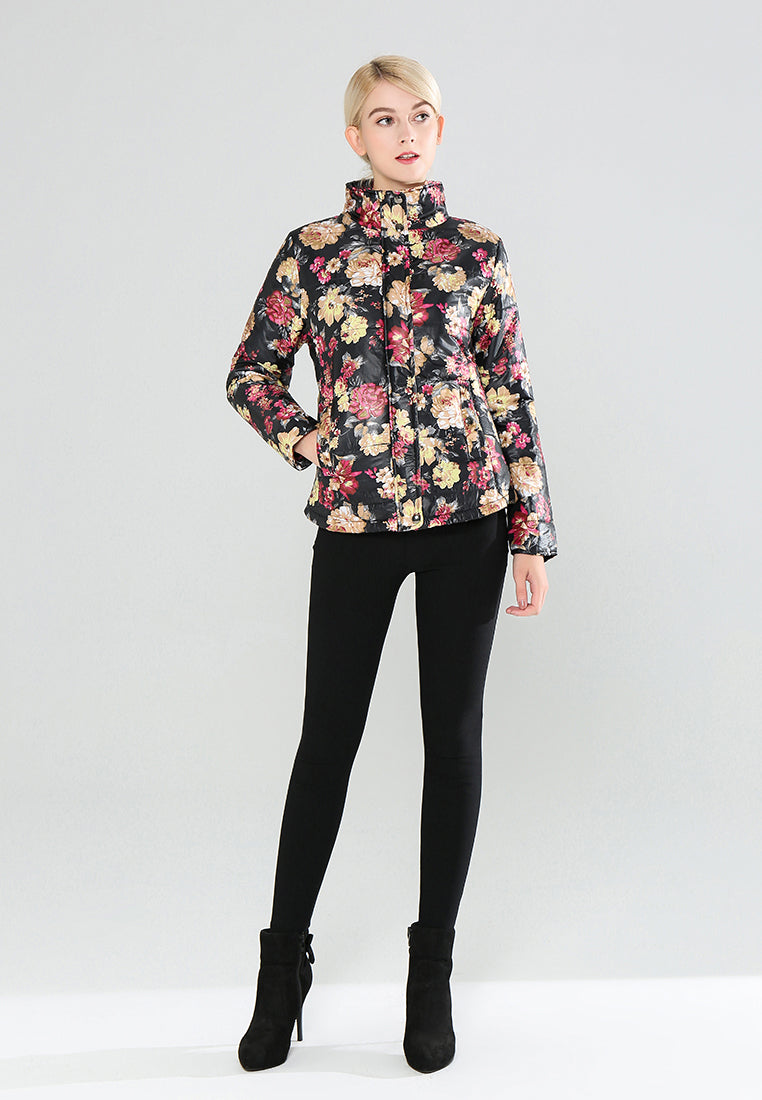 Black Floral Print High Neck Puffer Jacket