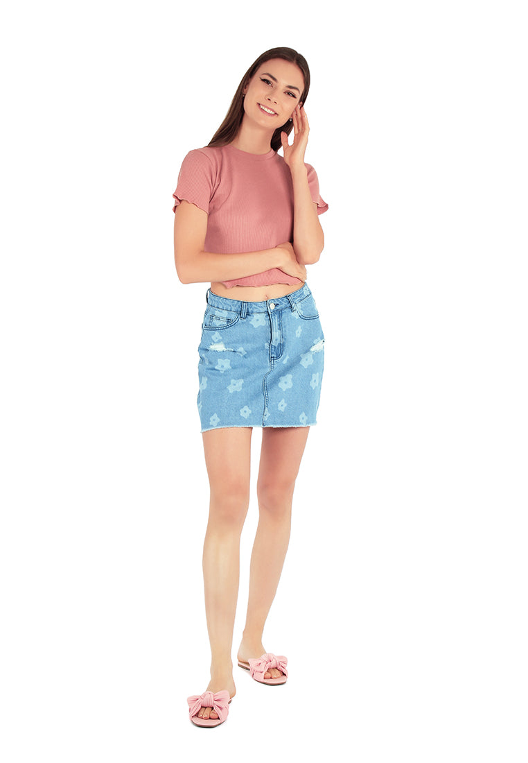 Blue Flower Print Ripped Jeans Mini Skirt