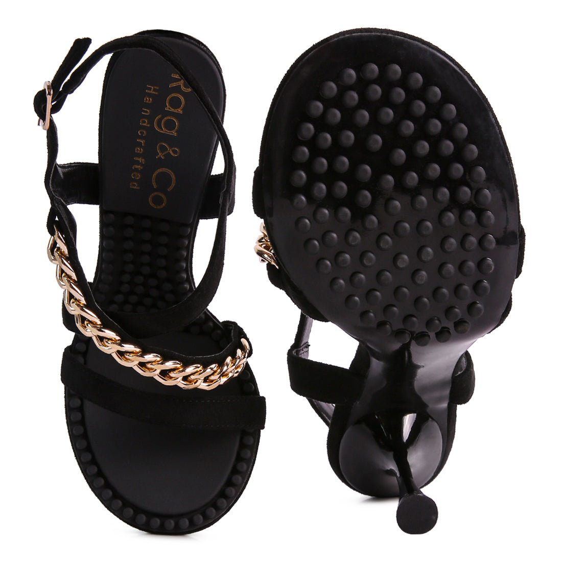 Black Metal Chain Mid Heel Sandal