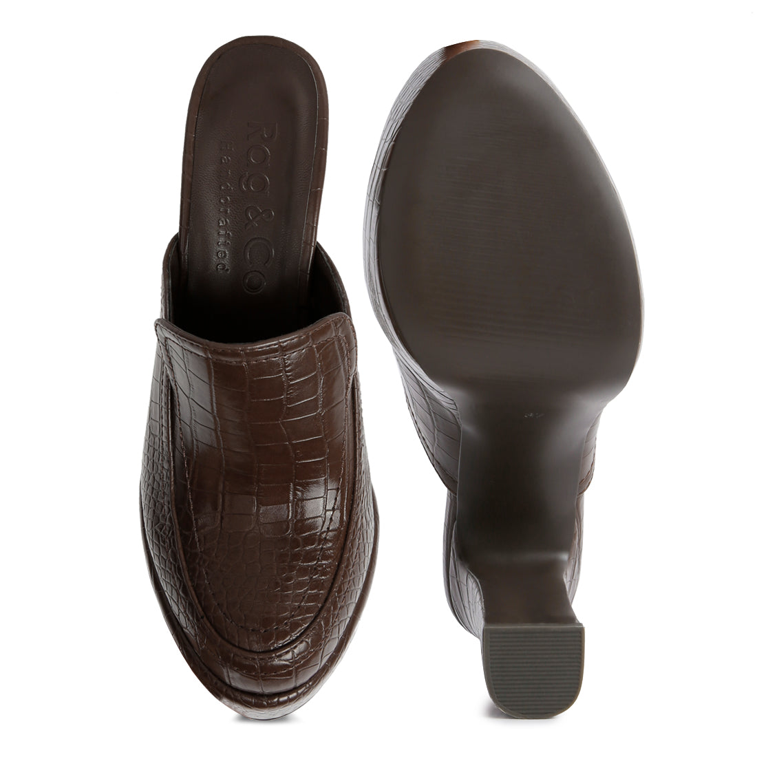 croc pattern heeled platform mules#color_brown