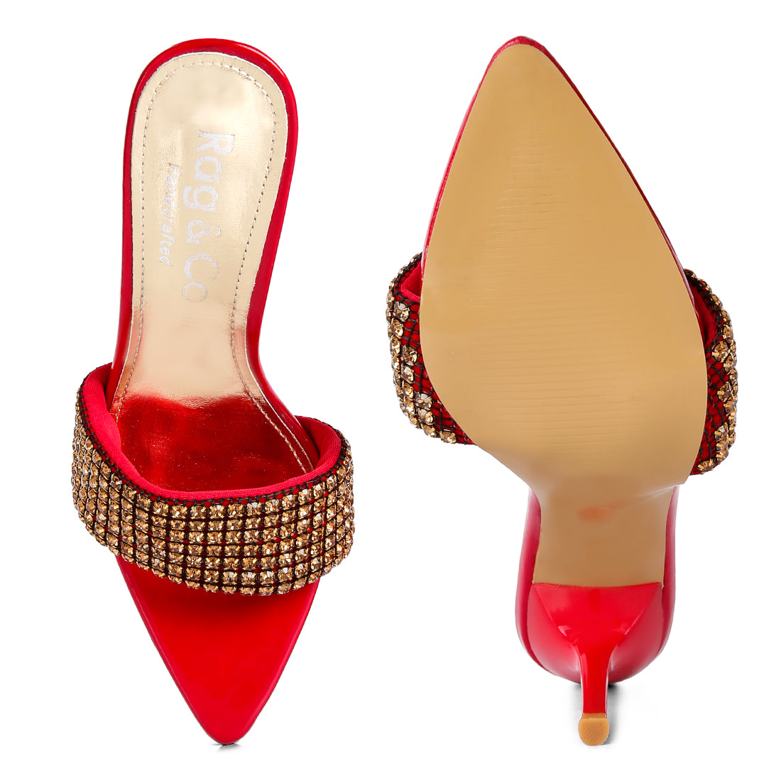 Diamante Strap Pointed Heel Sandals In Red
