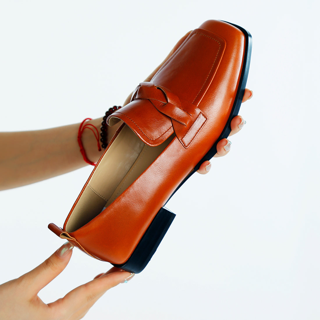 genuine leather braided loafers#color_cognac