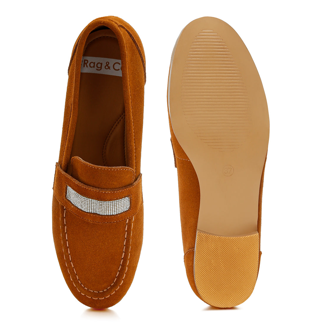 rhinestone penny strap loafers#color_tan