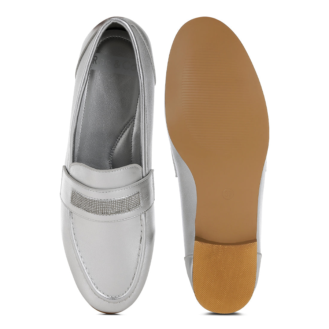 rhinestone strap metallic loafers#color_silver