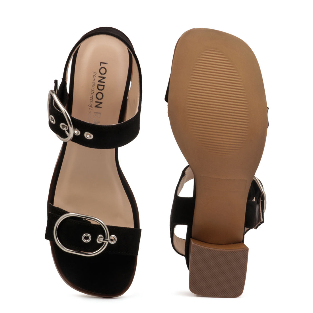 Black Big Buckle Block Heel Sandal