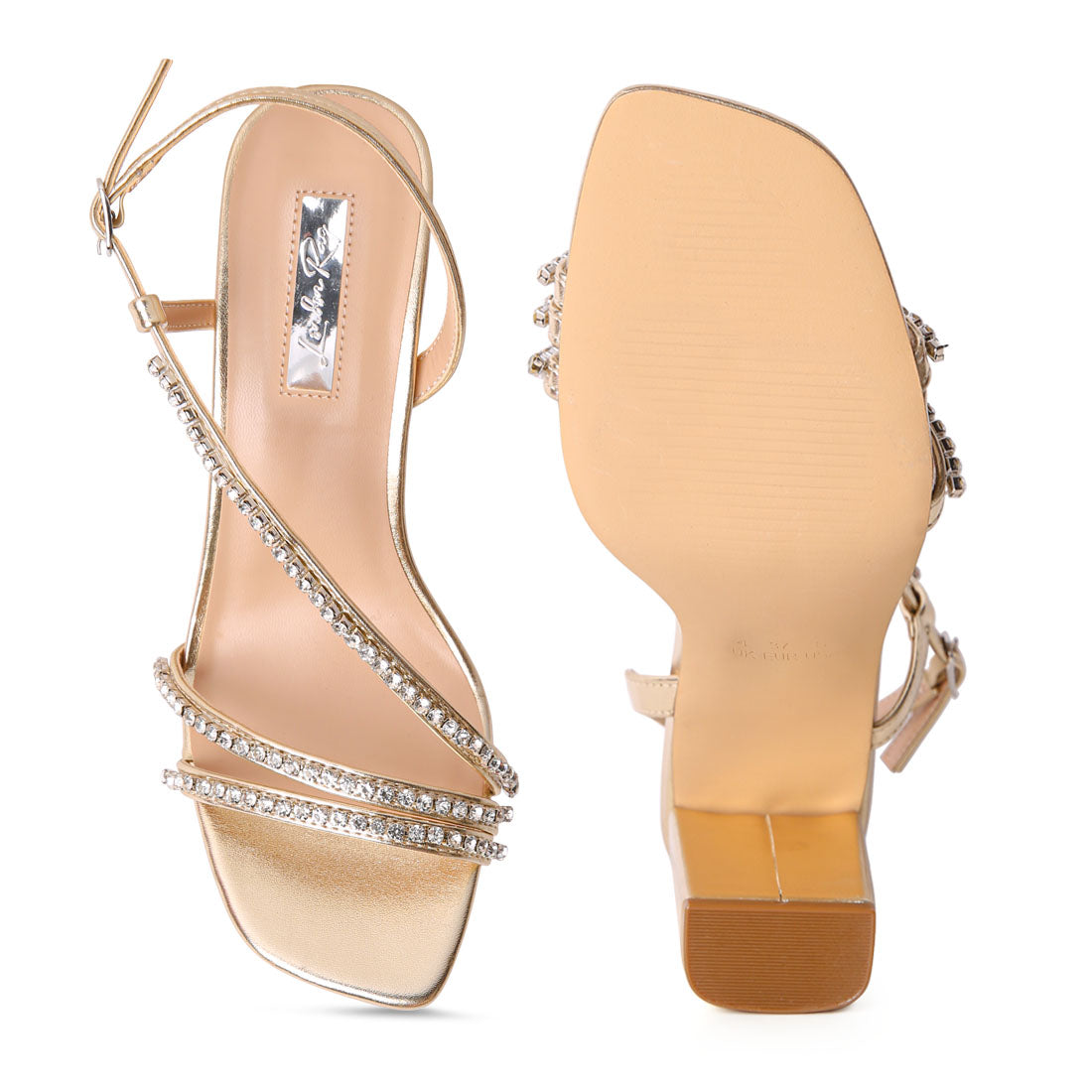 Embellished Block Heel Sandal in Gold