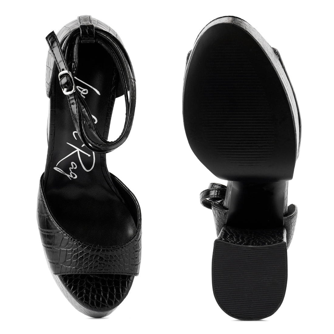 Black Croc Textured High Heeled Block Sandal