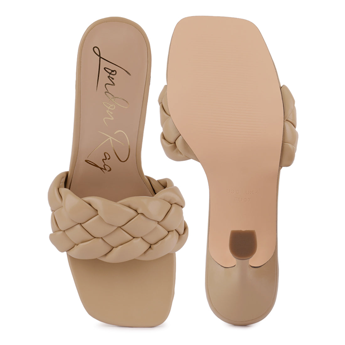 Camel Woven Strap Square Toe Heeled Sandal