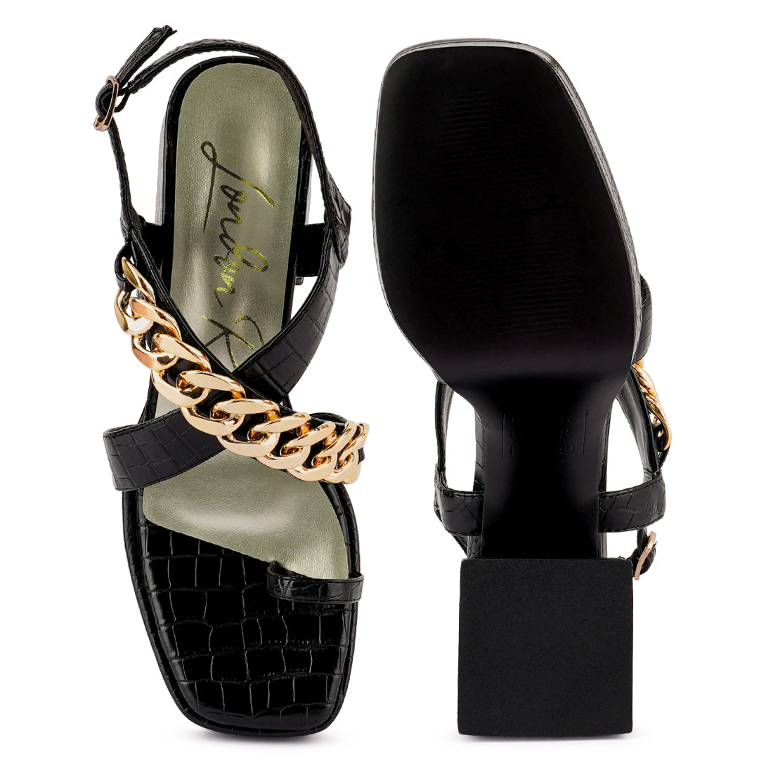 Black Metal Chain Strap Croc Block Sandal