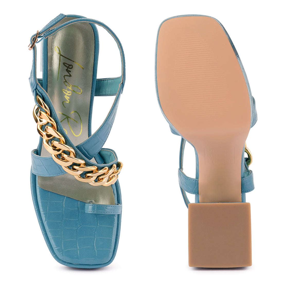 Blue Metal Chain Strap Croc Block Sandal