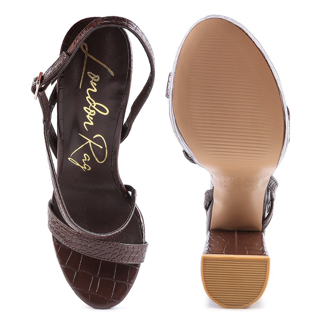 Dark Brown Slingback Block High Heeled Sandals