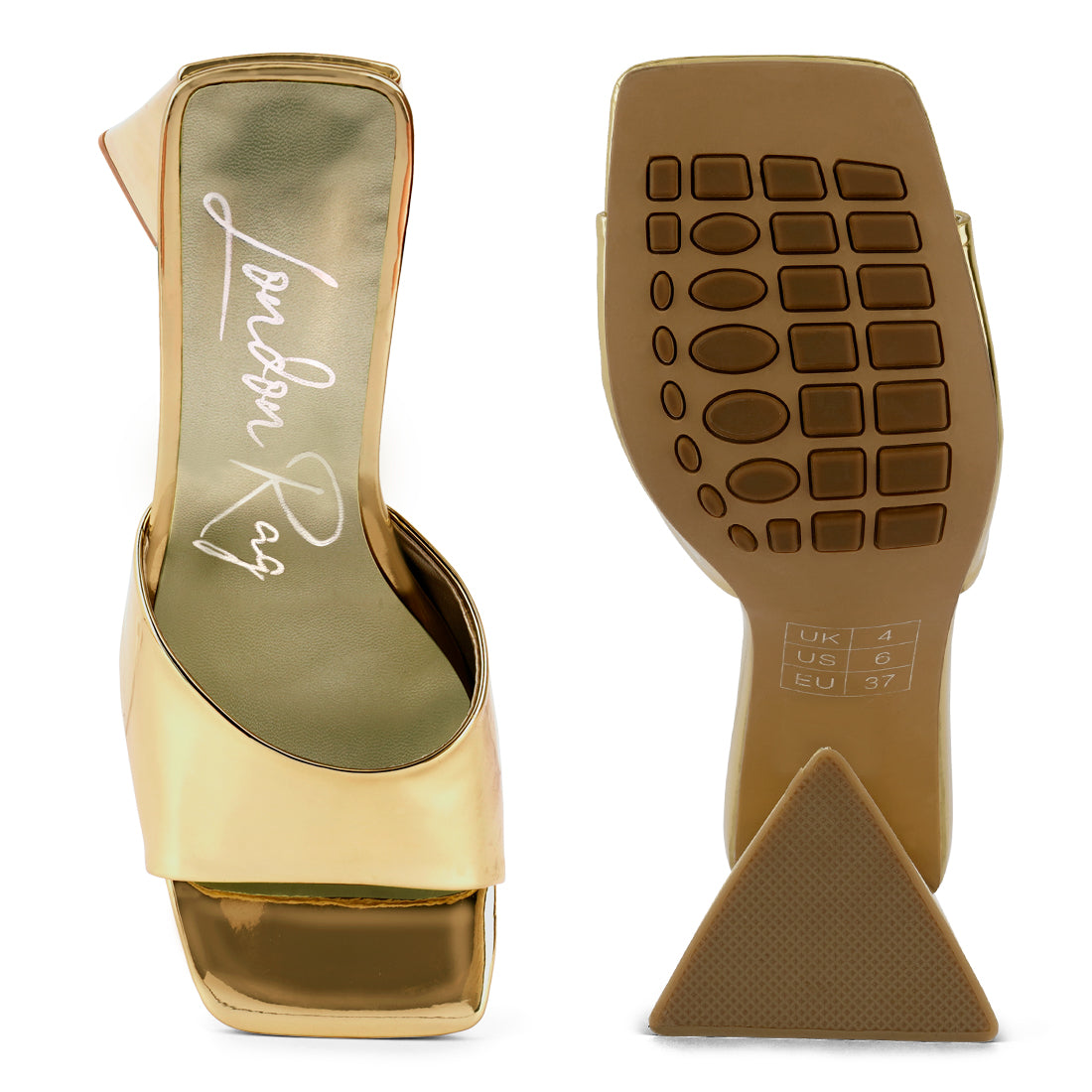 Gold Triangular Block Heel Sandals