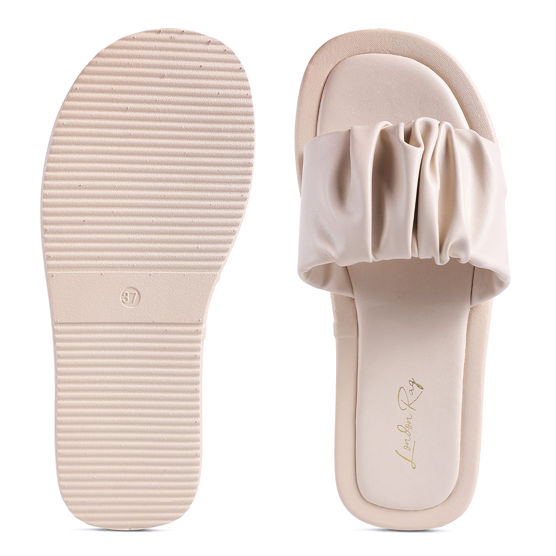 Beige Gathered Low Wedge Slides