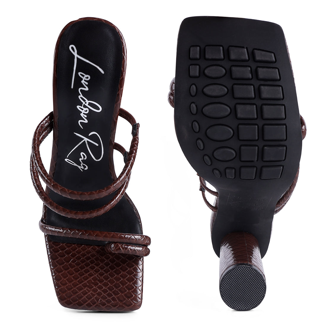 Brown Block Heeled Croc Sandals