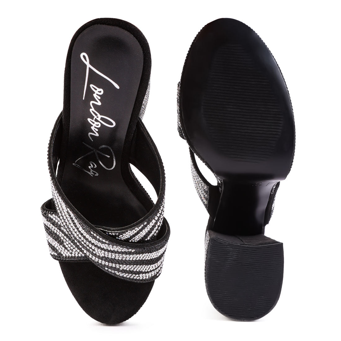 Black Platform Patterned Diamante Slides