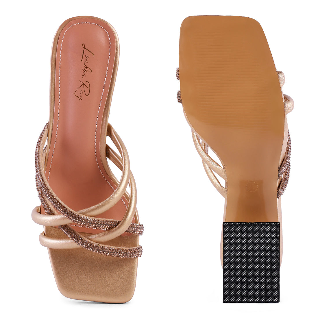 Gold Cut Out Heel Diamante Sandals