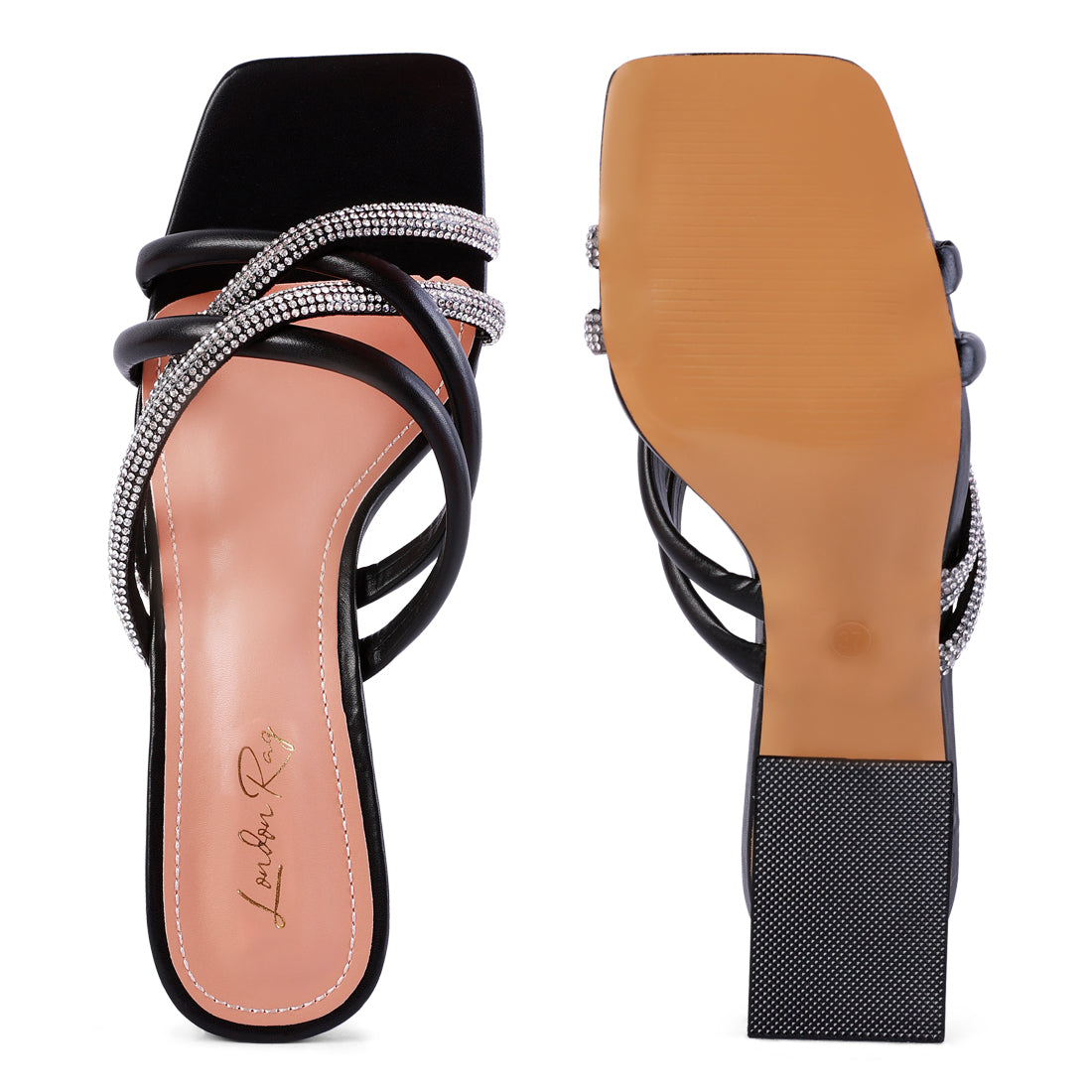 Black Cut Out Heel Diamante Sandals