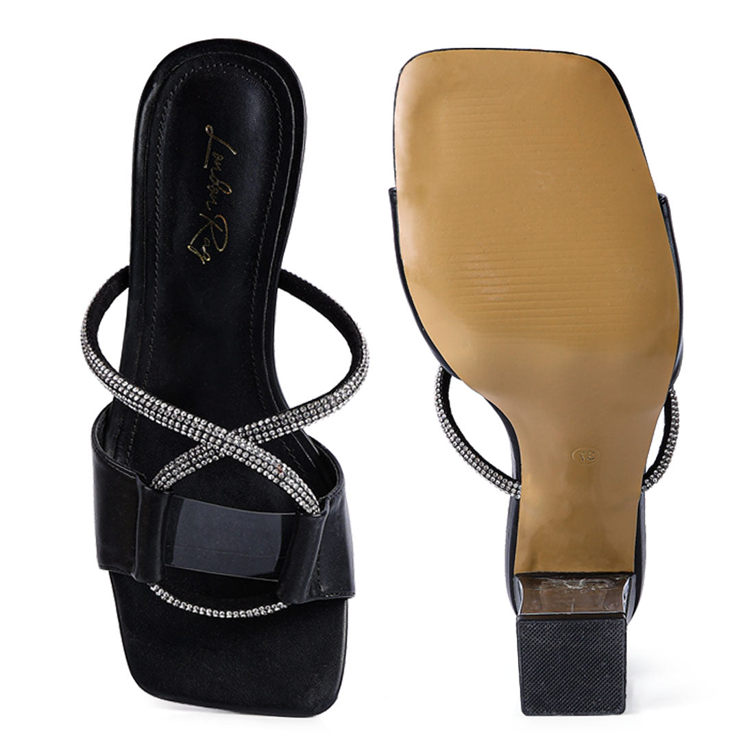 Black Crystal Loop Mid Heel Sandals