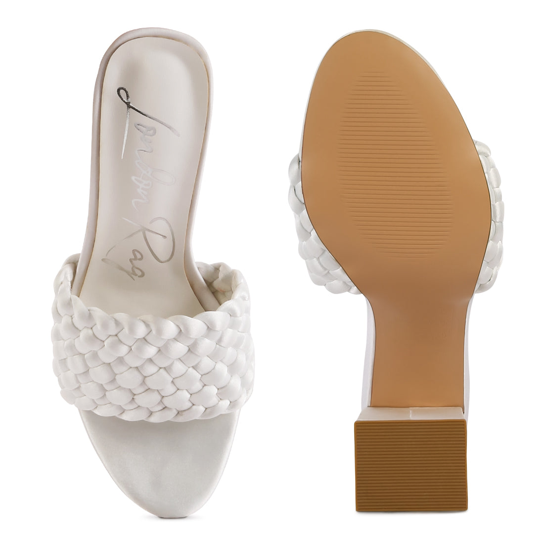 Off White Braided Satin Block Sandals