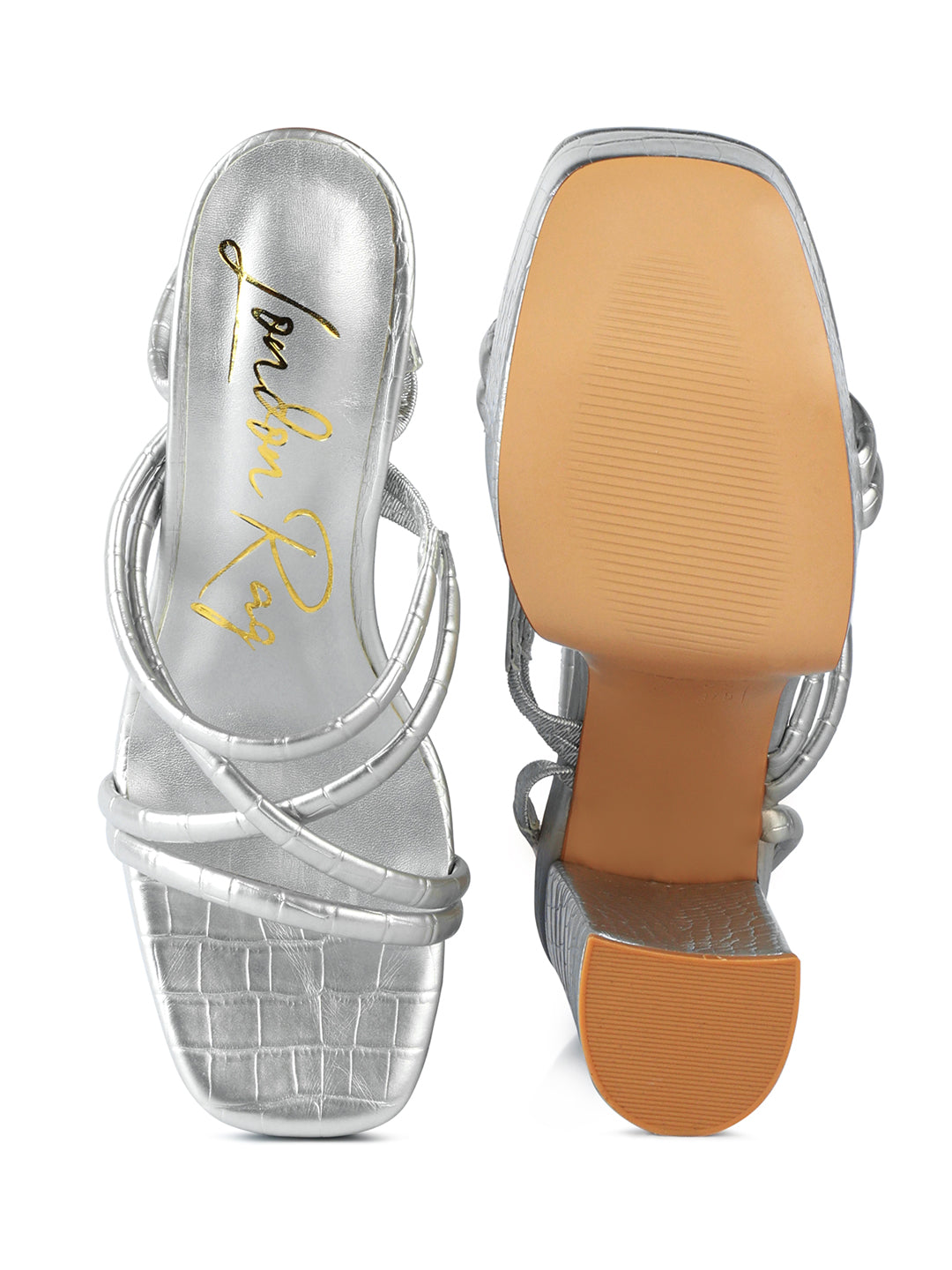 Silver Strappy Platform Chunky High Heels