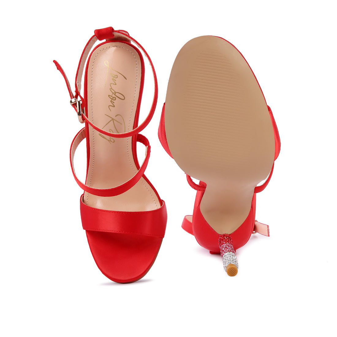 Red Rhinestone Ball Heel Satin Sandals