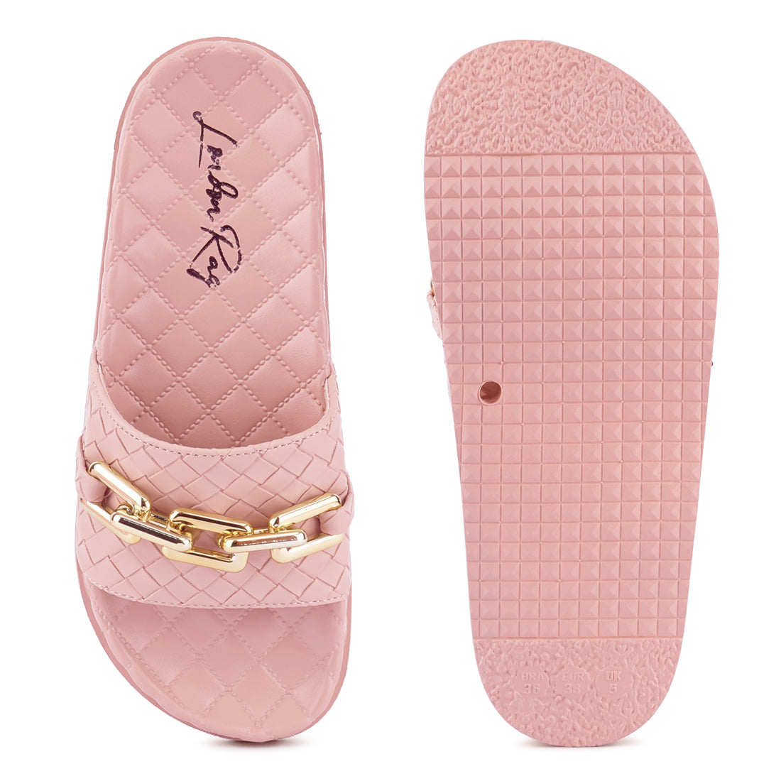 Pink Bling Chain Strap Woven Slip On Flats