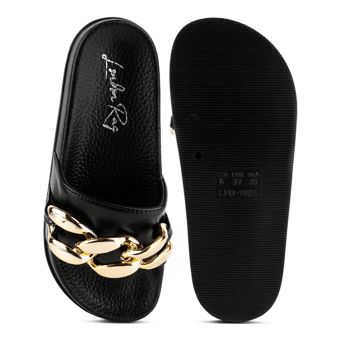 Black Metallic Chain Metal Slid Flats