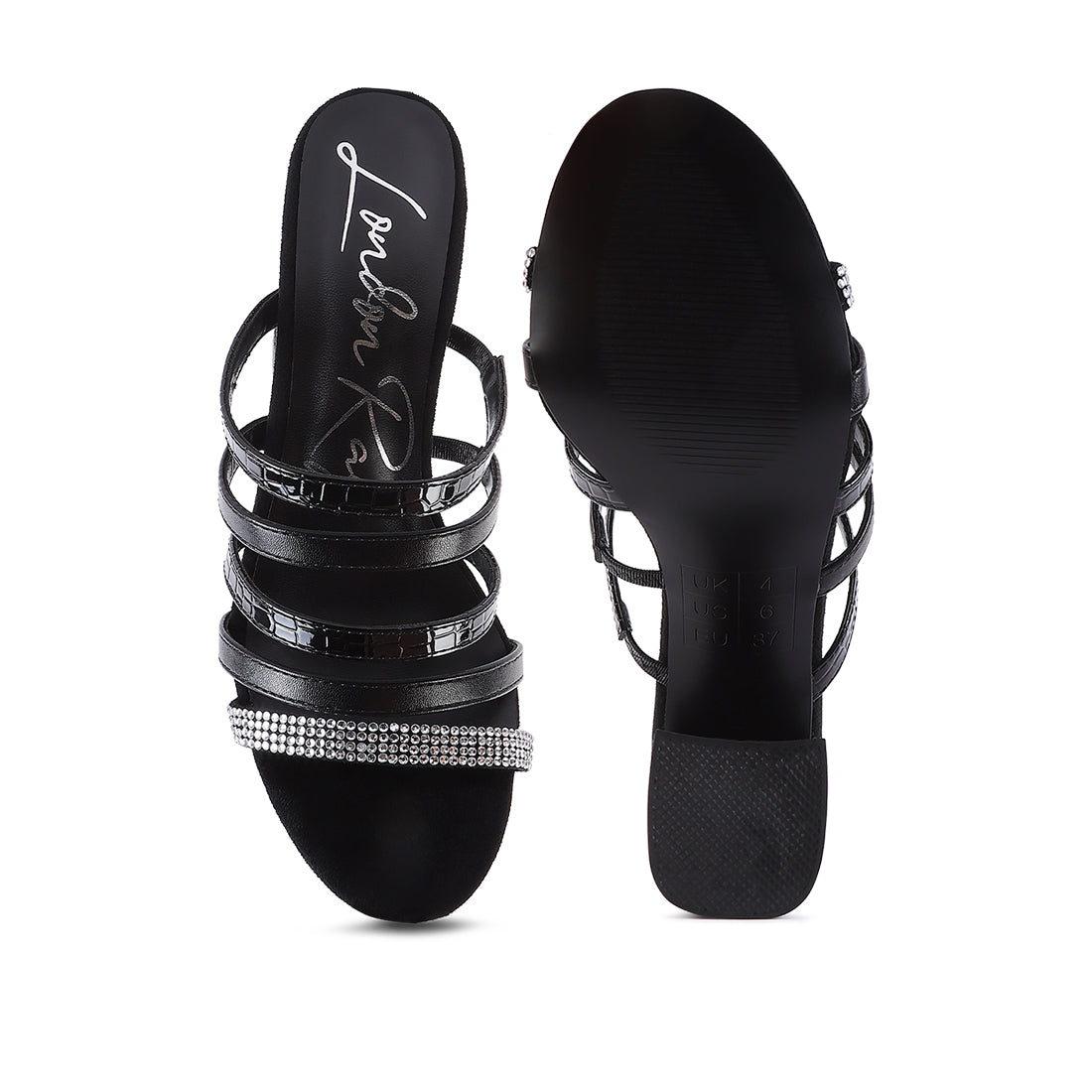Black Multi Strap Diamante Detail Sandals