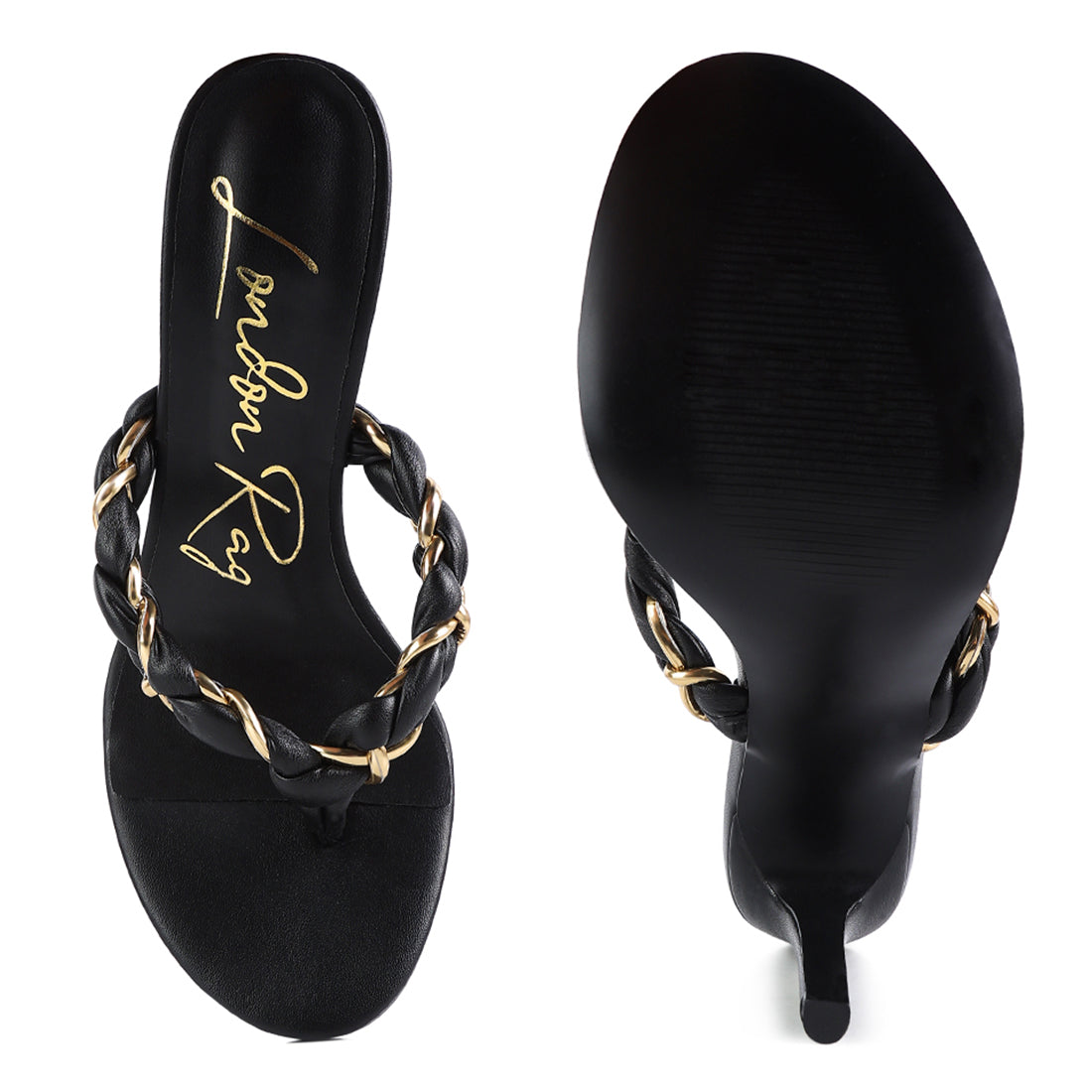 Black Braided With Gold Accent Flip-Flop Heels