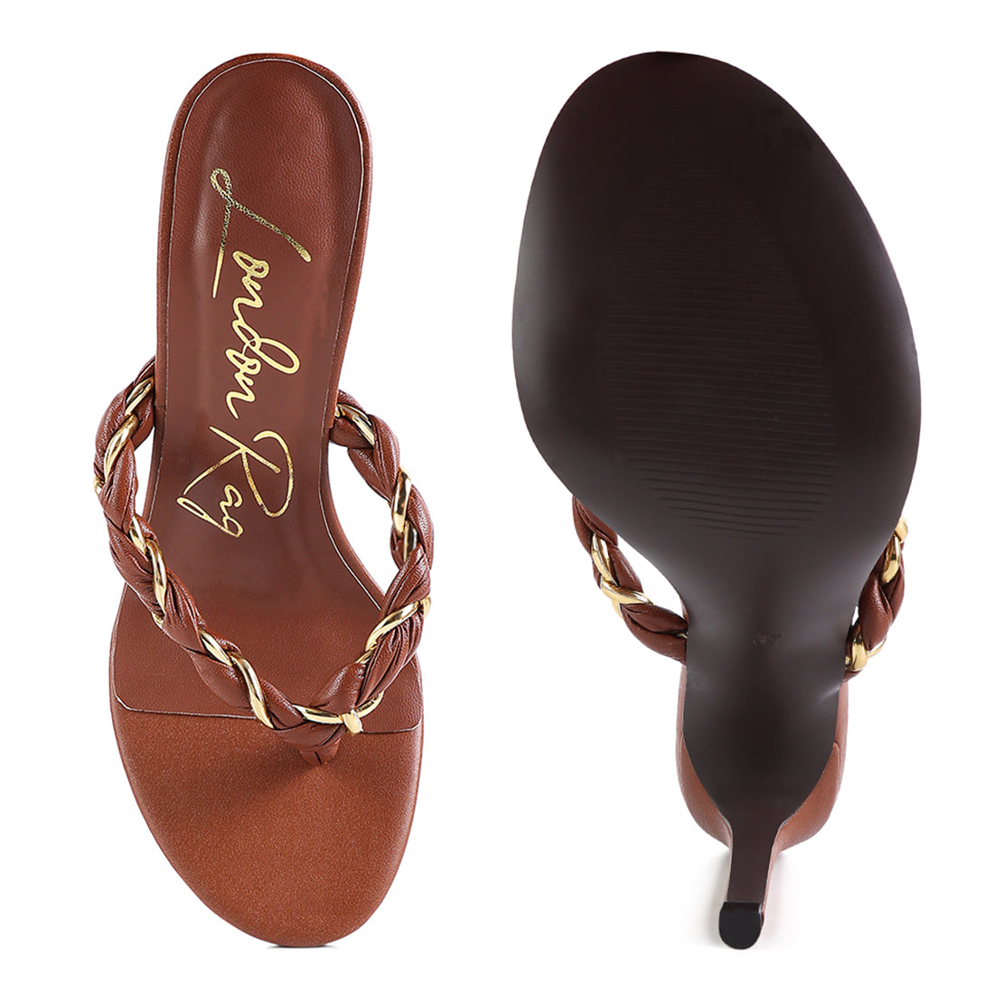 Brown Braided With Gold Accent Flip-Flop Heels