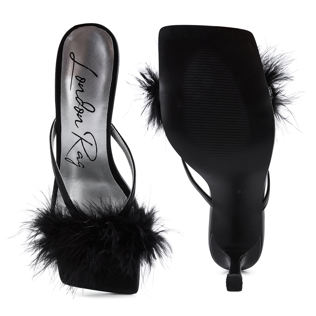 Black Feather Detail Slip-On Sandals