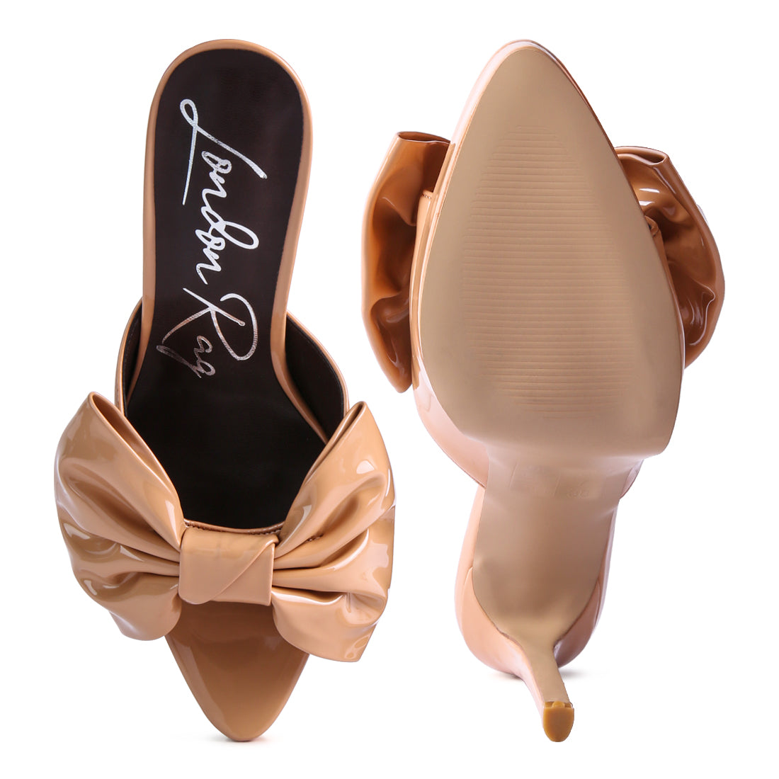 my time patent pu bow detail high heeled sandal#color_beige