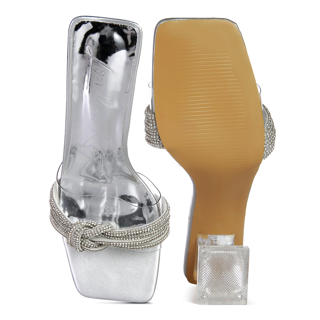 Silver Knotted Diamante Strap Spool Heel Sandals