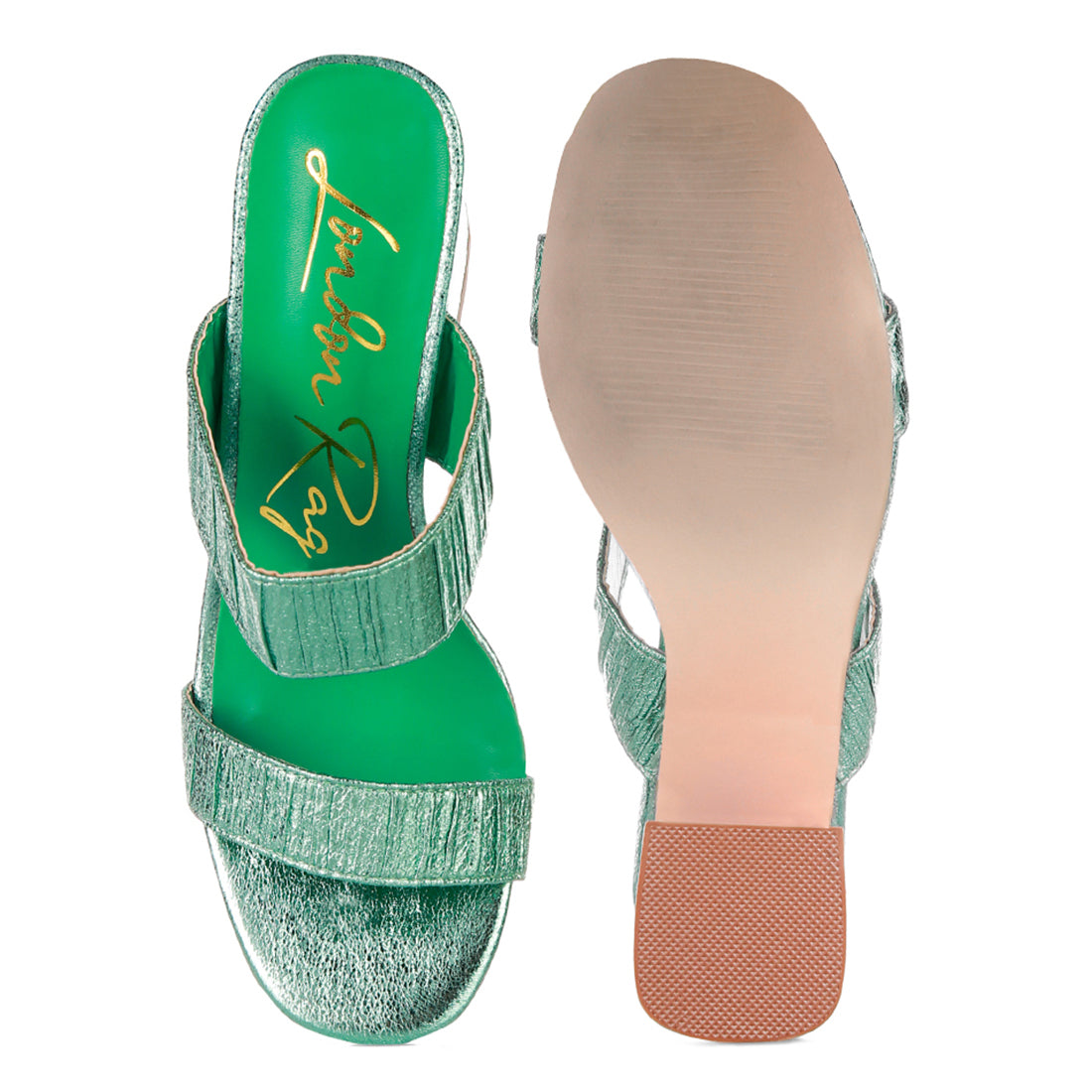 Green High Block Heeled Metallic Sandals