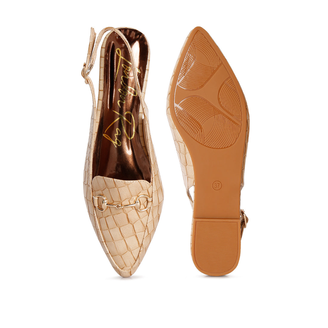 Beige Croc Slingback Flat Sandals