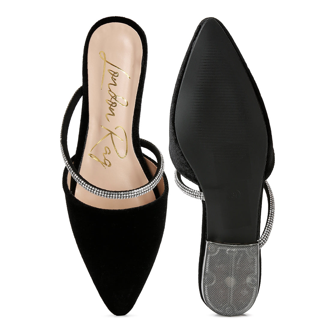 Black Velvet Diamante Detail Flat Mules