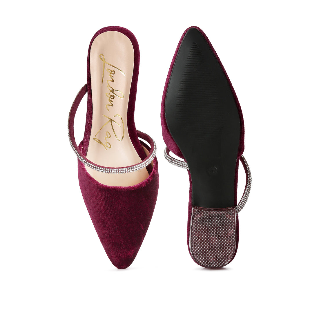 Burgundy Velvet Diamante Detail Flat Mules