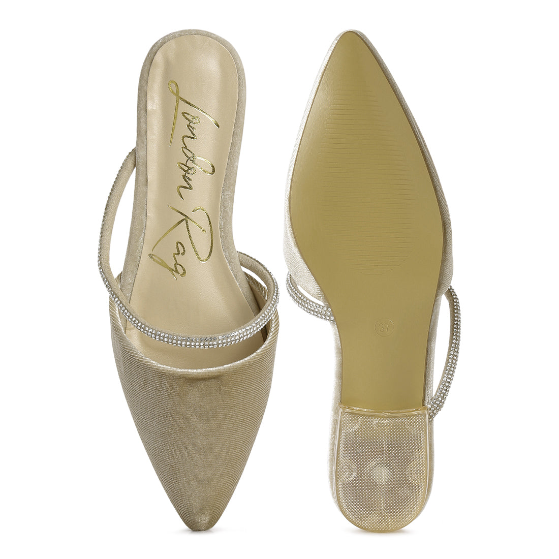 Khaki Velvet Diamante Detail Flat Mules