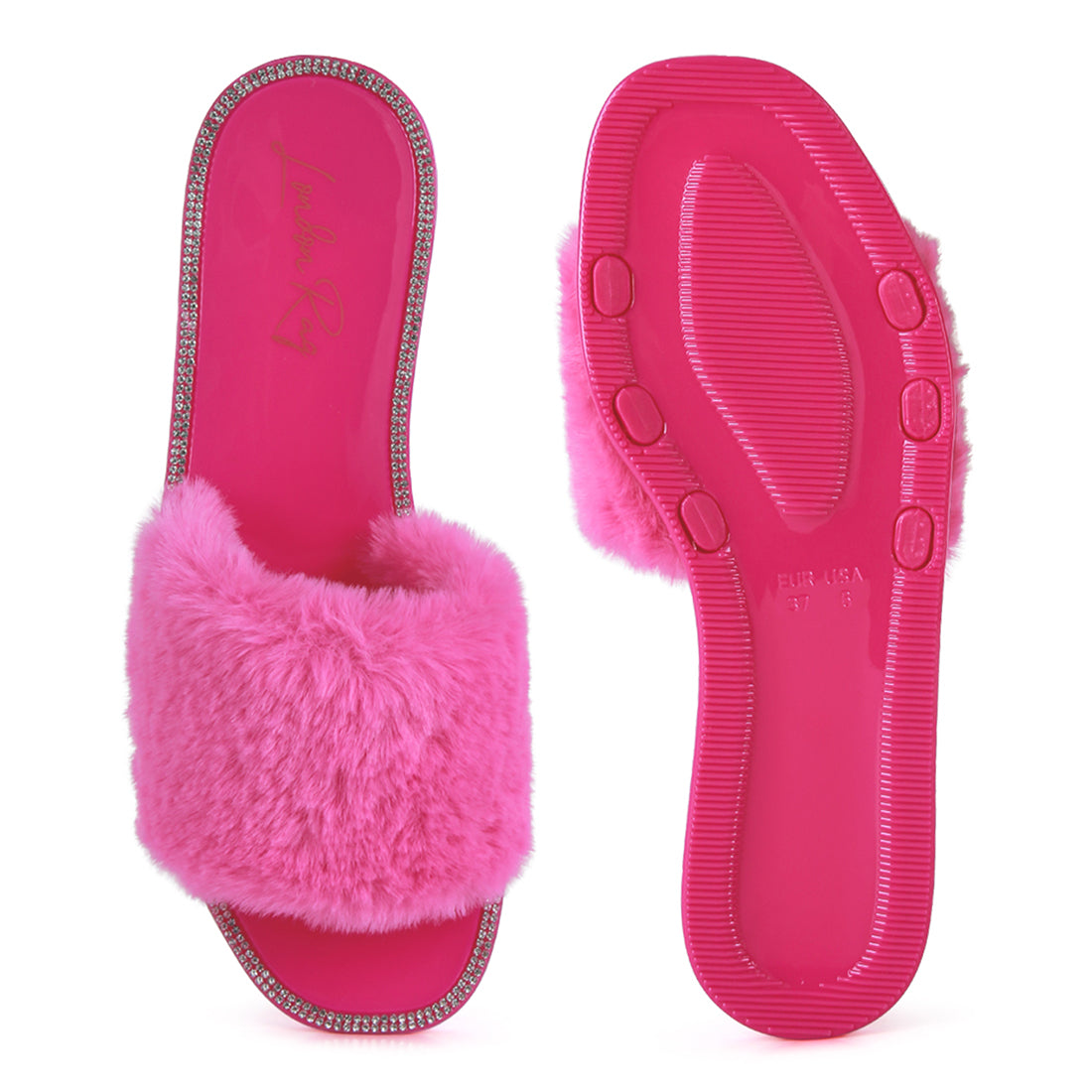 Pink Fur Diamante Detail Jelly Flats