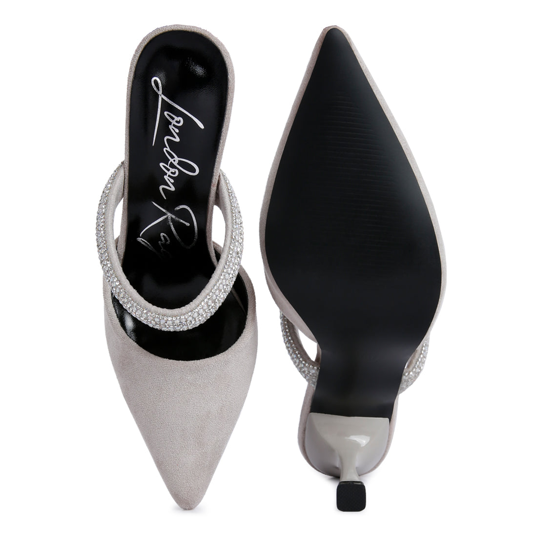 Grey Diamante Strap Heeled Mules