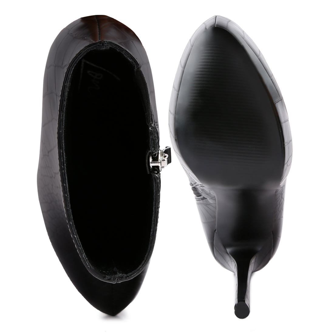 Black High Heeled Croc Pattern Ankle Boot