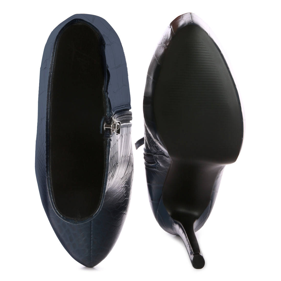 Navy Blue High Heeled Croc Pattern Ankle Boot